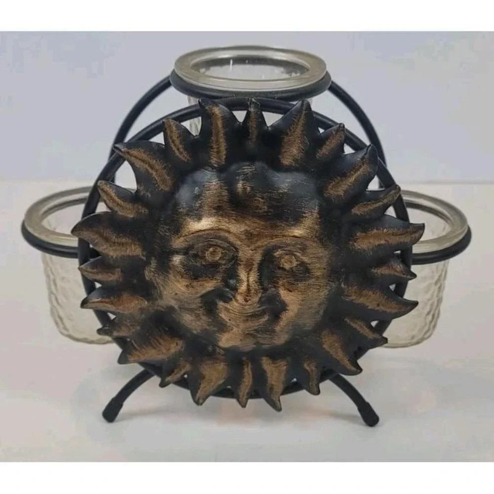 Wrought‎ Iron Celestial Sun Candle Holder Glass Inserts Fairycore Whimsical